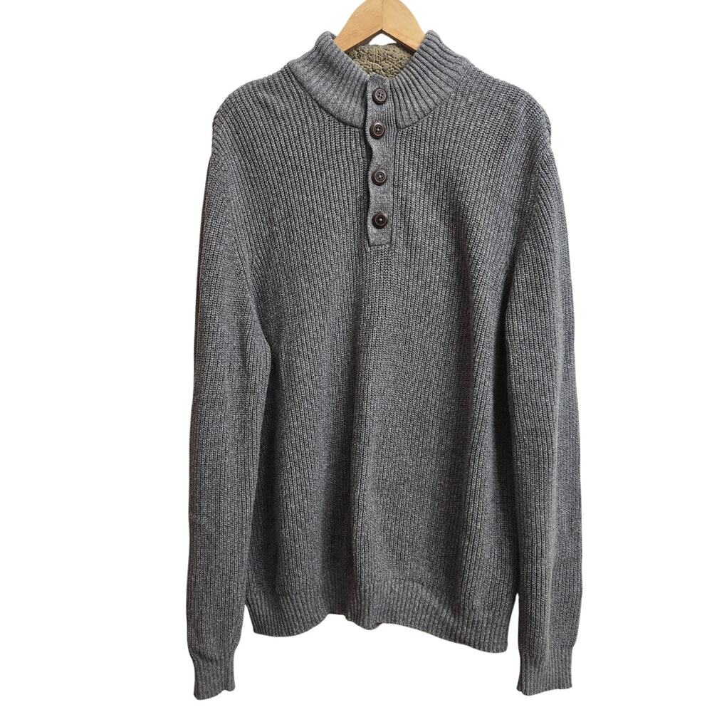 G.H. Bass & Co. Men Vtg Prep Gray Ribbed Knit Henley Sherpa L Collar Sweater XXL